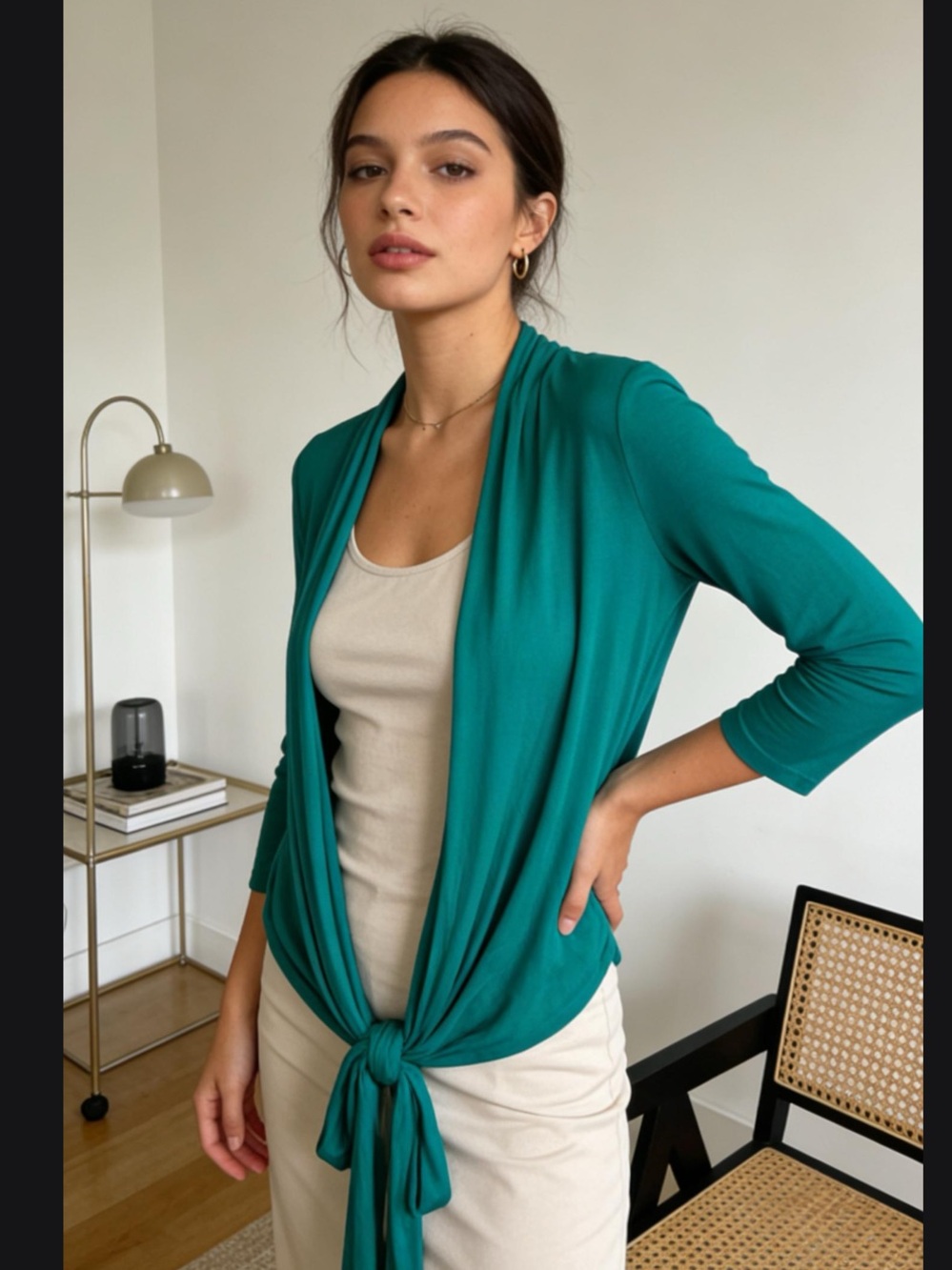 👗Teal Open Front Tie-Front Cardigan